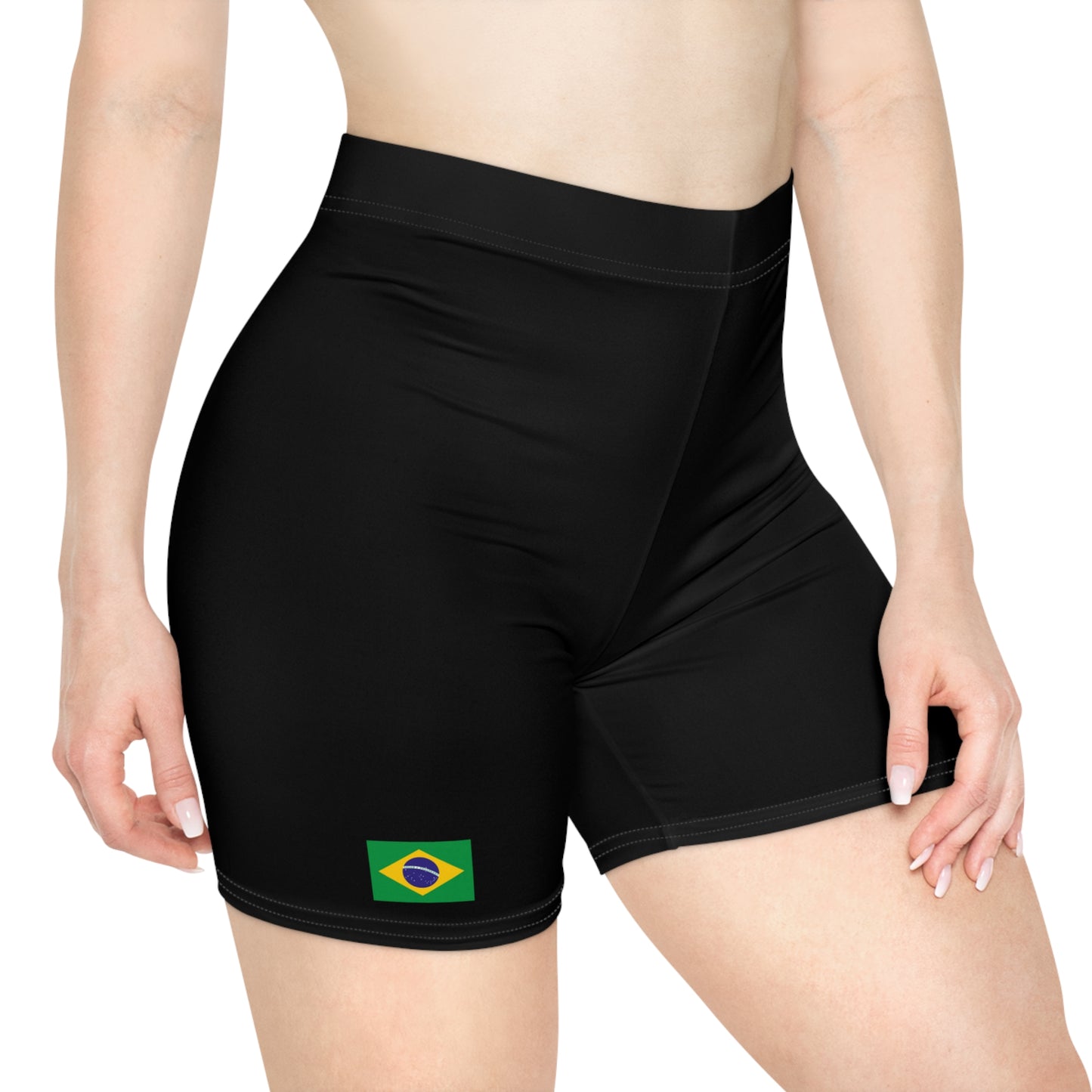 Black Women's Biker Shorts with Brazilian Flag Patch | Stylish Activewear for Sports & Casual Wear